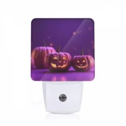 Night Light, Two Pumpkins With Faces Drawn On Them Sit On A Purple Background.