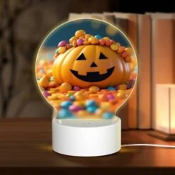 Round Acrylic Night Light, A Candy Pumpkin With A Smile On Its Face.