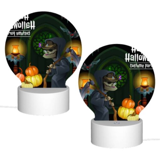 Round Acrylic Night Light, A Skeleton Dressed In A Costume Is Holding A Scythe And Standing Next To A Pumpkin. -Nuas Diy Shop 4b10a62a8724116338d4df64148d533344960416