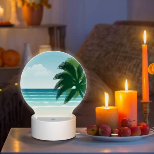 Round Acrylic Night Light, A Palm Tree Is On A Beach With A Blue Ocean In The Background. -Nuas Diy Shop 4bc383b1ff5109c4447de9c47f9f468b3c29762c