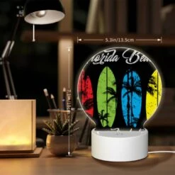 Round Acrylic Night Light, A Black And White Image Of A Surfboard With The Words Florida Beach Paradise Lost Written On It. -Nuas Diy Shop 4e7c2f99937848fd363a0ed8f4400cfde6ca68c3