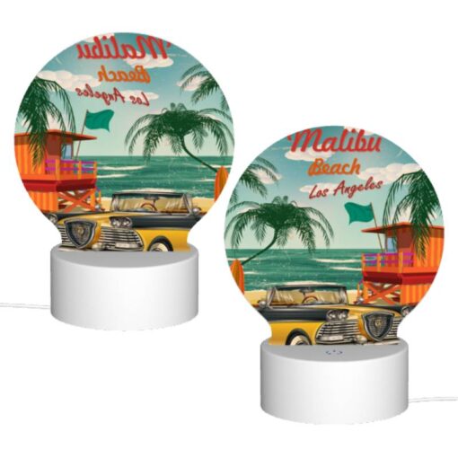 Round Acrylic Night Light, A Yellow Car Is Parked On The Beach In Malibu -Nuas Diy Shop 4e8477c443ffb273b56ae5fec606800e28d6084c
