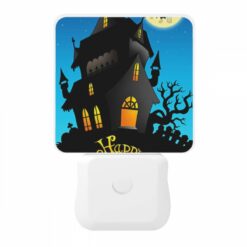 Night Light, A Black And White Drawing Of A Haunted House With A Yellow Banner That Says "Happy Halloween". -Nuas Diy Shop 51b70a9d1f51187916080c327466c5007865b703