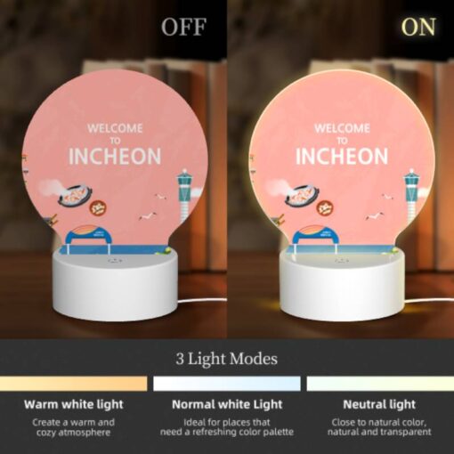 Round Acrylic Night Light, A Colorful Cartoon Of A Beach With A Ferris Wheel And A Sign That Says "Welcome To Incheon." -Nuas Diy Shop 51beacd986e3cb8a1c13ec181165a589286eab46