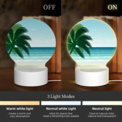Round Acrylic Night Light, A Palm Tree Is On A Beach With A Blue Ocean In The Background. 4 Round Acrylic Night Light, A Palm Tree Is On A Beach With A Blue Ocean In The Background. -Nuas Diy Shop 52e82f009b4d3c7030ee3e675b0a4c09da243e4a