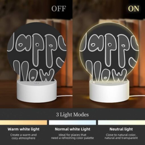 Round Acrylic Night Light, A Black And White Sign That Says "Happy Halloween". -Nuas Diy Shop 553ffd7baa1466c25a55c156736a3c2061e7d59a