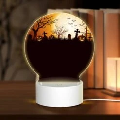 Round Acrylic Night Light, A Halloween Scene With A Full Moon And A Group Of Ghosts.