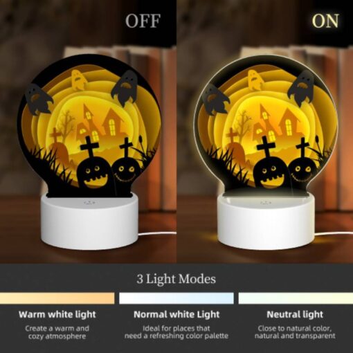 Round Acrylic Night Light, A Cartoon Of A House With A Ghost And A Pumpkin. -Nuas Diy Shop 58296711892ee90f56806da0dd25bb357a7e75fd