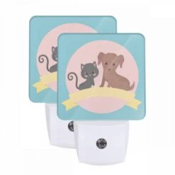 Night Light Set Of 2, A Black Cat And A Brown Dog Are Sitting Next To Each Other.