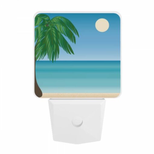 Night Light, A Palm Tree Is On A Beach With A Blue Sky And A Moon In The Background. -Nuas Diy Shop 5ba880b5ba54a5b59c2666a66696fd85e33415b8
