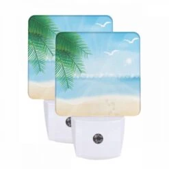 Night Light Set Of 2, A Beach Scene With A Palm Tree