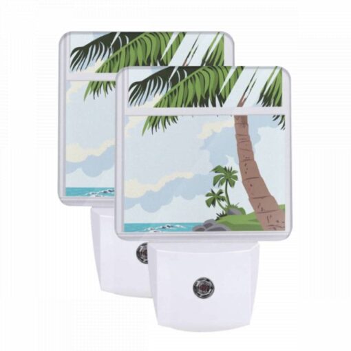 Night Light Set Of 2, A Picture Of A Palm Tree And Ocean With A Window In The Foreground. -Nuas Diy Shop 5e40c2e802362dd269196a214d441d0dc54970b7