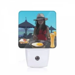 Night Light, A Woman Wearing A Hat Is Sitting At A Table With A Plate Of Food In Front Of Her.