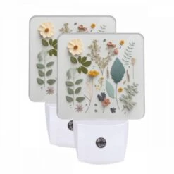 Night Light Set Of 2, A Collection Of Different Flowers And Leaves.