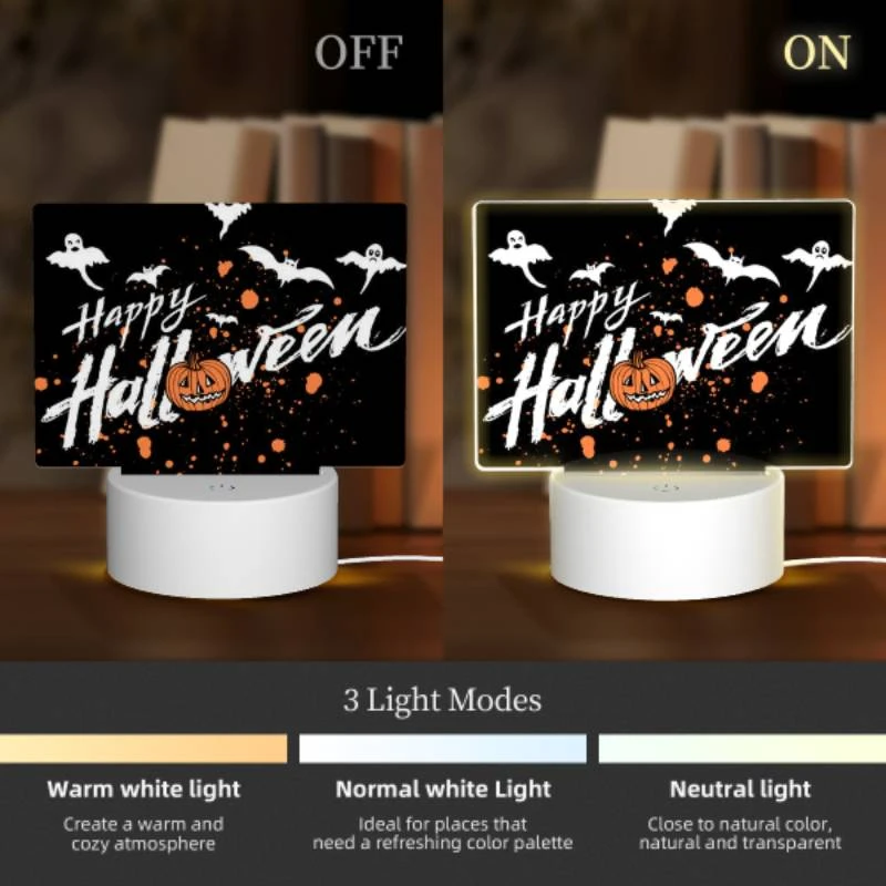 Rectangular Acrylic Night Light, A black background with orange and white bats and a pumpkin. Rectangular Acrylic Night Light, A Black Background With Orange And White Bats And A Pumpkin. -Nuas Diy Shop 625d1e0cd6d76b3ac3b93ed3c2f0e33e9f3cbccd