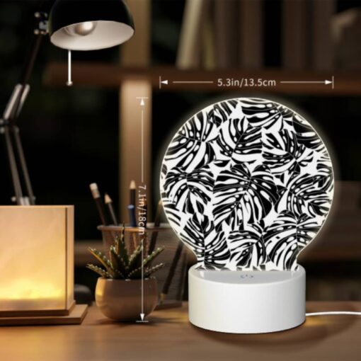 Round Acrylic Night Light, A Black And White Pattern Of Leaves. -Nuas Diy Shop 628436ee519c26a77f753a59546e5bbfc29790c5