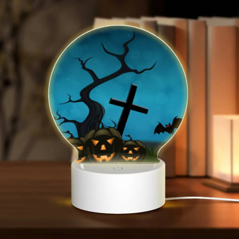Round Acrylic Night Light, A Halloween scene with a cross and a bat flying over a tree with pumpkins. Round Acrylic Night Light, A Halloween Scene With A Cross And A Bat Flying Over A Tree With Pumpkins. -Nuas Diy Shop 62b230691ad366de09dcff536c56f7afd083d99e