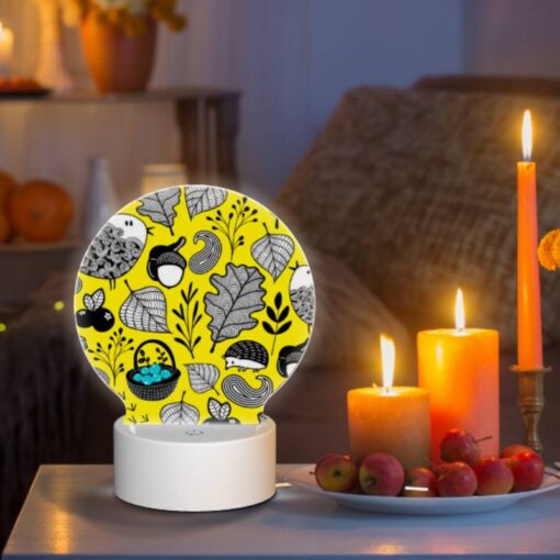 Round Acrylic Night Light, A Pattern Of Birds And Leaves On A Yellow Background. -Nuas Diy Shop 642625abe23a42241d655ae5dd1e83cb62e21647