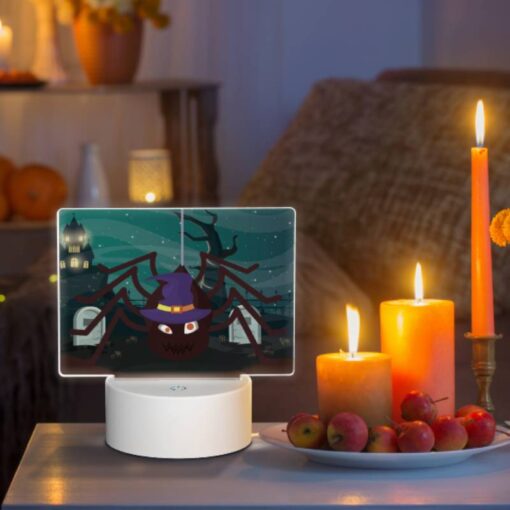 Rectangular Acrylic Night Light, A Spider With A Witch's Hat On Its Head Is Hanging From A Rope. -Nuas Diy Shop 67c11c41daa1fc053c46c6feb4500223066a5d57