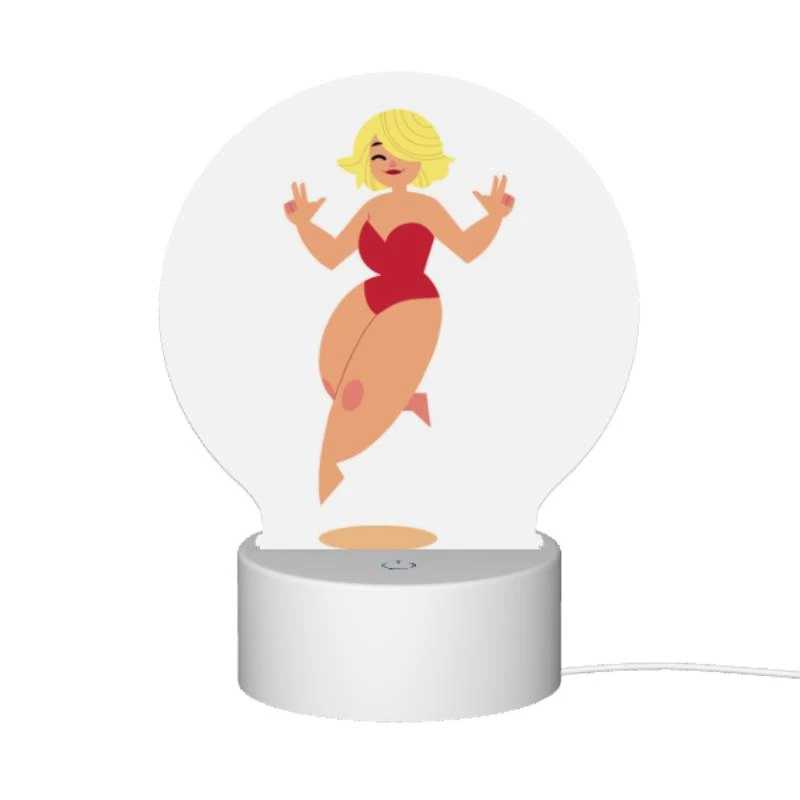 Round Acrylic Night Light, A cartoon woman wearing a red bikini and a red wig is jumping in the air. Round Acrylic Night Light, A Cartoon Woman Wearing A Red Bikini And A Red Wig Is Jumping In The Air. -Nuas Diy Shop 68026b51dfd8a5a4208d74d4545a2d3688d19a9d