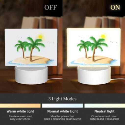 Rectangular Acrylic Night Light, A White Drawing Of A Palm Tree On A Sandy Beach. -Nuas Diy Shop 699a136931985a0883742800269d97cd39a4d8bd