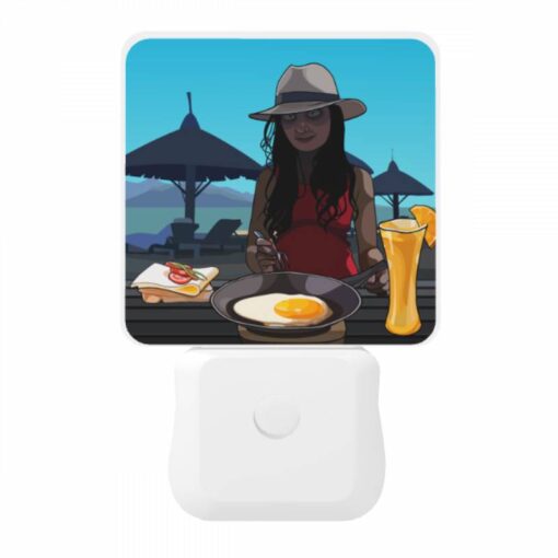 Night Light, A Woman Wearing A Hat Is Sitting At A Table With A Plate Of Food In Front Of Her. -Nuas Diy Shop 69f004208aa7faa41ff6c38c55e86f0a5c22ec4f