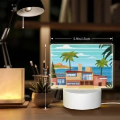 Rectangular Acrylic Night Light, A House Is Situated On A Beach With A Palm Tree In Front Of It. -Nuas Diy Shop 6ec0e13a6a2a01a148418b6ab5021562e1037b3c
