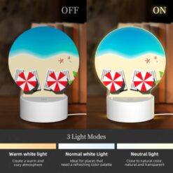 Round Acrylic Night Light, Two Red And White Striped Umbrellas On A Beach. -Nuas Diy Shop 6f8150e06c83c573cff6e50ff40b9fe32fe15446