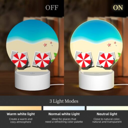 Round Acrylic Night Light, Two Red And White Striped Umbrellas On A Beach. -Nuas Diy Shop 6f8150e06c83c573cff6e50ff40b9fe32fe15446
