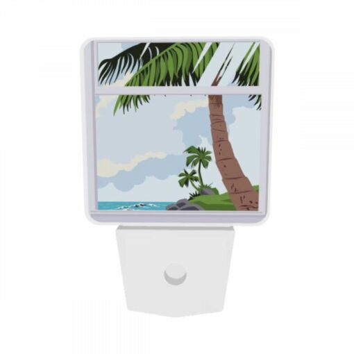 Night Light Set Of 2, A Picture Of A Palm Tree And Ocean With A Window In The Foreground. -Nuas Diy Shop 7085b566364a805eb022d69e26db08e4f831565e