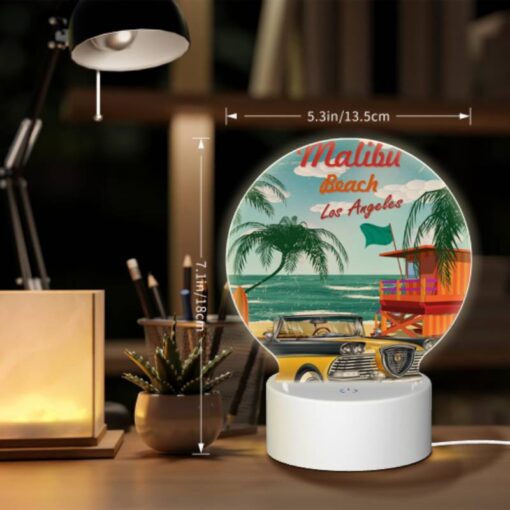 Round Acrylic Night Light, A Yellow Car Is Parked On The Beach In Malibu -Nuas Diy Shop 7221ed1fa45767f74aaa30d93ba4ddc568941fb0
