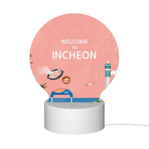 Round Acrylic Night Light, A Colorful Cartoon Of A Beach With A Ferris Wheel And A Sign That Says "Welcome To Incheon." -Nuas Diy Shop 7326e2027c89436308270e07101b89a3d96c7877