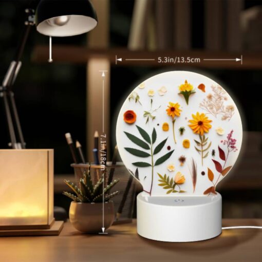 Round Acrylic Night Light, A Variety Of Flowers And Leaves Are Arranged On A White Surface. -Nuas Diy Shop 737d3bf91c7df8ec301f28705dd08d5a14cb2625