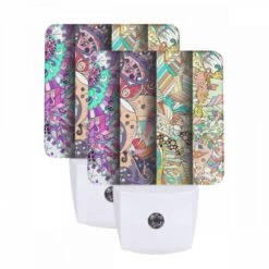 Night Light Set Of 2, Three Colorful And Intricate Designs Are Displayed Side By Side.