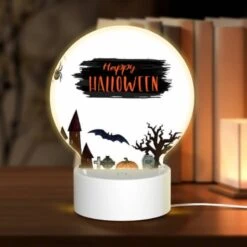 Round Acrylic Night Light, A Halloween Sign With A Spider And A Tree With A Bat.