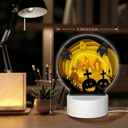 Round Acrylic Night Light, A Cartoon Of A House With A Ghost And A Pumpkin. -Nuas Diy Shop 78c6dc2693ce043e7221a5d4692a4a4964c252f1