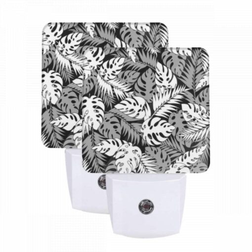 Night Light Set Of 2, A Black And White Image Of A Leafy Plant With A Pattern Of Dots. -Nuas Diy Shop 7c247725dd13476bda219de604acde77ddf072bd