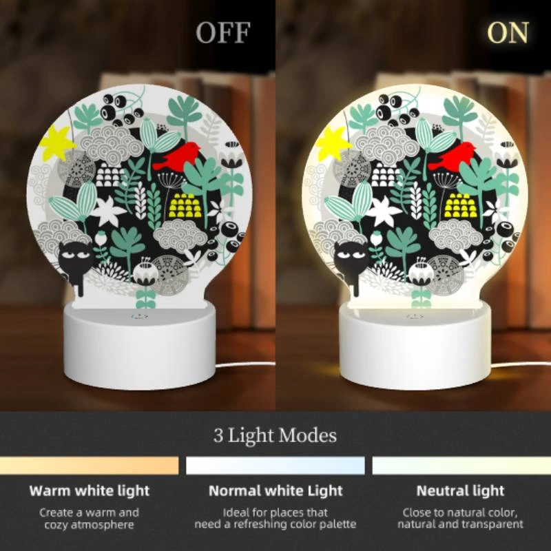 Round Acrylic Night Light, A black and white drawing of a cat and a bird in a forest. Round Acrylic Night Light, A Black And White Drawing Of A Cat And A Bird In A Forest. -Nuas Diy Shop 7c3b8c73d46c410b6036f0ab66c41de8318f670a