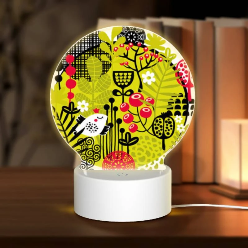 Round Acrylic Night Light, A colorful illustration of a bird surrounded by plants. Round Acrylic Night Light, A Colorful Illustration Of A Bird Surrounded By Plants. -Nuas Diy Shop 7c7f0b1d477e44033199220a2ecc3df703100c41