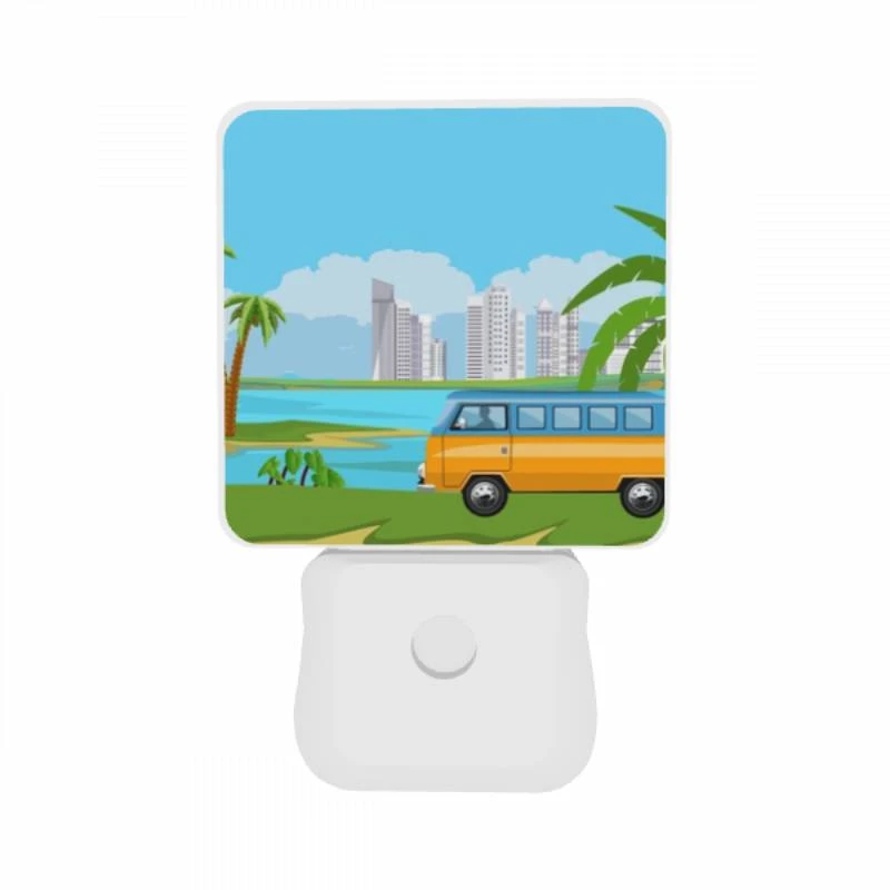 Night Light Set of 2, A colorful cartoon van is driving on a road near a body of water. Night Light Set Of 2, A Colorful Cartoon Van Is Driving On A Road Near A Body Of Water. -Nuas Diy Shop 7dc9ac39e81b69d5246dfb52670bf303f1fe9871