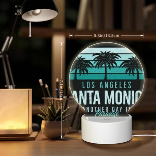 Round Acrylic Night Light, A Black And White Image Of Palm Trees And The Words "Los Angeles Santa Monica Another Day In Paradise." -Nuas Diy Shop 7decf9d101f5c47f78f0e28ab2690acc43a17cd3