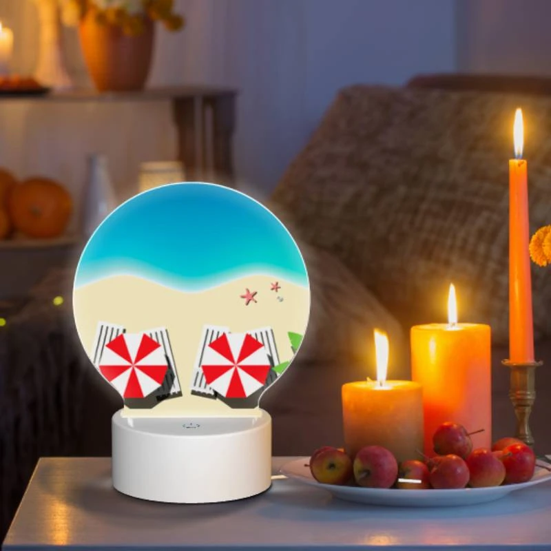 Round Acrylic Night Light, Two red and white striped umbrellas on a beach. Round Acrylic Night Light, Two Red And White Striped Umbrellas On A Beach. -Nuas Diy Shop 7df05930b4fec4000b8ebd5b9334372bf6923162