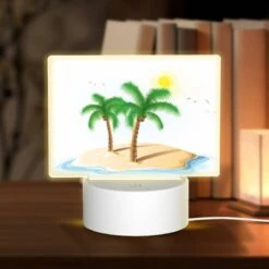 Rectangular Acrylic Night Light, A White Drawing Of A Palm Tree On A Sandy Beach.