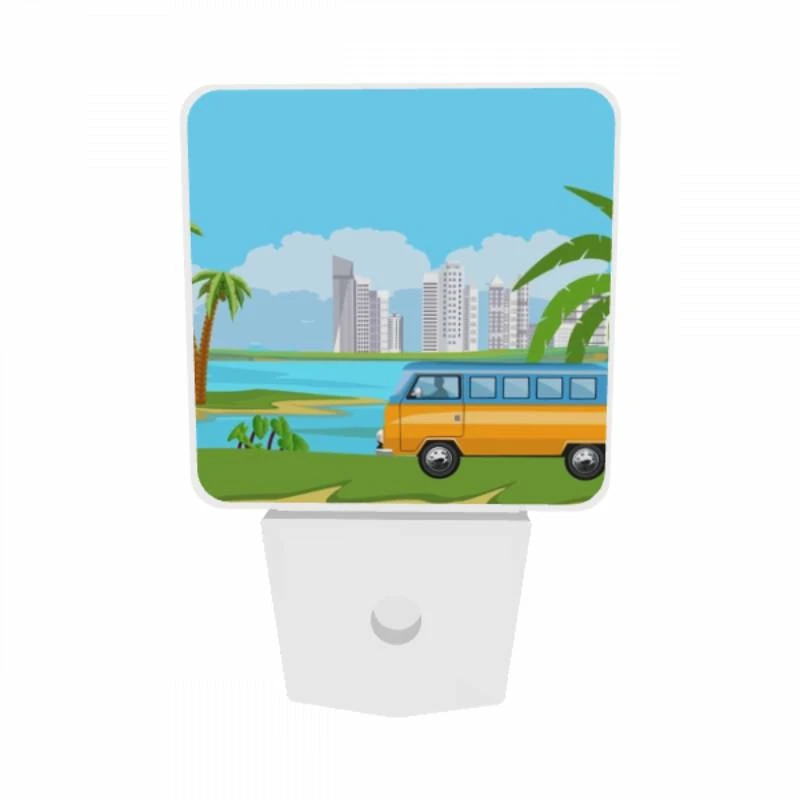 Night Light Set of 2, A colorful cartoon van is driving on a road near a body of water. Night Light Set Of 2, A Colorful Cartoon Van Is Driving On A Road Near A Body Of Water. -Nuas Diy Shop 80650aa057cf6562ecb96268f29f51a32a52327c