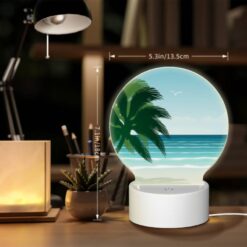 Round Acrylic Night Light, A Palm Tree Is On A Beach With A Blue Ocean In The Background. -Nuas Diy Shop 832f041e533c69e5f1f68a3f94423159394e567c