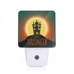 Night Light, A Halloween Poster With A Castle And The Words "Happy Halloween" Written On It.