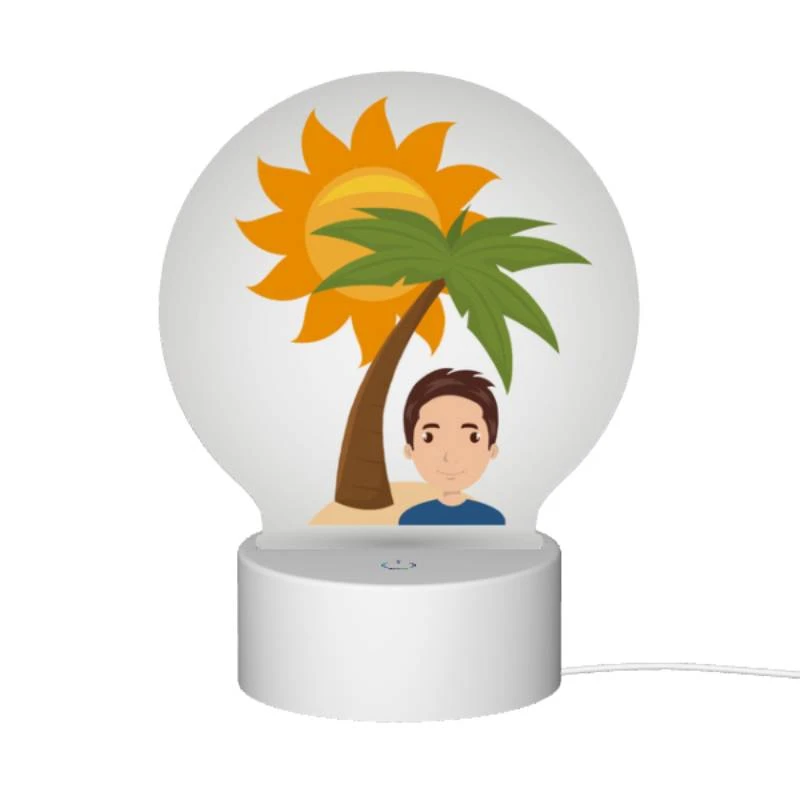 Round Acrylic Night Light, A man is smiling under a palm tree. Round Acrylic Night Light, A Man Is Smiling Under A Palm Tree. -Nuas Diy Shop 849feaeb2fdf01c619a33ca5d479916dc57414b1