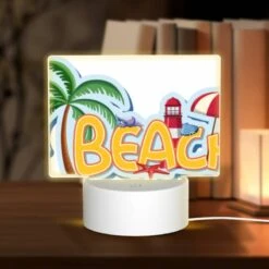 Rectangular Acrylic Night Light, A Colorful Cartoon Of A Beach With A Lighthouse And Palm Trees.