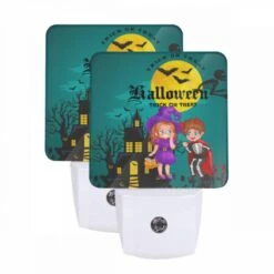 Night Light Set Of 2, A Boy And Girl Are Standing In Front Of A Haunted House.