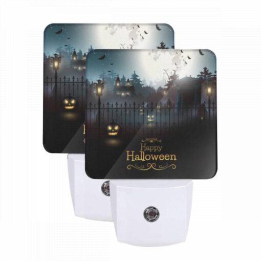 Night Light Set Of 2, A Black And White Image Of A Halloween Scene With A Fence And A Moon In The Background. -Nuas Diy Shop 87d0c6ff0a31c324d6426503cd8d333a1feb92b1